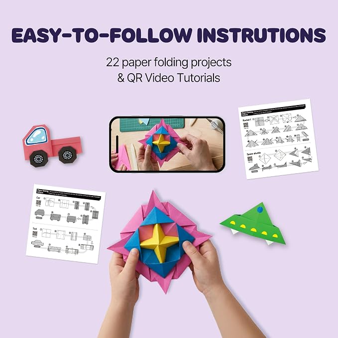 JOYSAM Future Explorer Origami Paper Folding Kit for Kids Ages 5-8 8-12, Made in Korea, 22 Projects with Tri-fold 3D Display Boards, Easy Manual with QR Video Tutorial Included