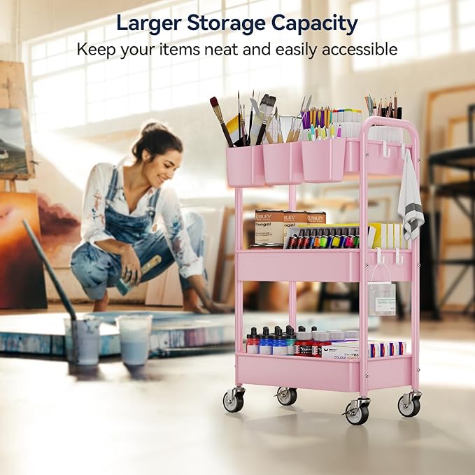 YASONIC 3 Tier Rolling Cart, Heavy Duty Metal Utility Cart with Wheel Pink