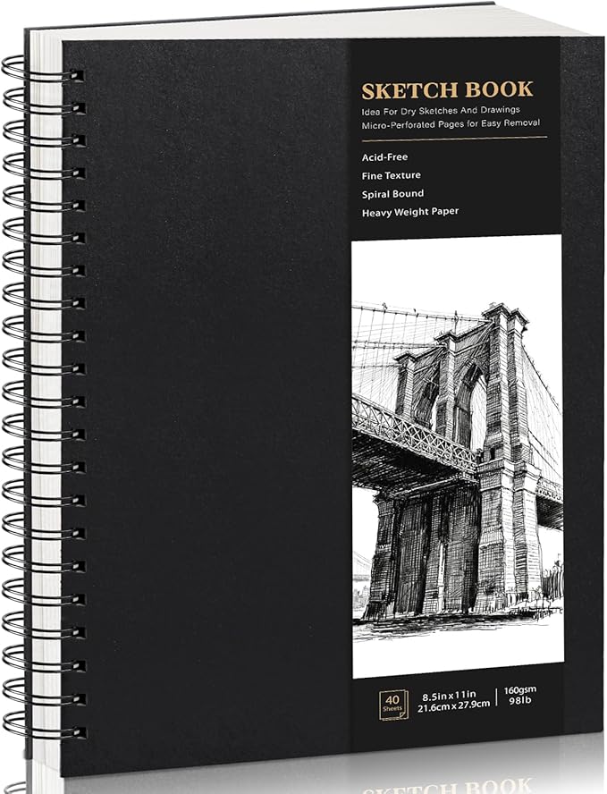 Hardcover Spiral Sketchbook, 160gsm Paper, 40 Sheets, 8.5 × 11 in | Acid-Free Thick Paper, 360° Lay-Flat Spiral Binding, Hardcover, for Pencil, Ink & Charcoal
