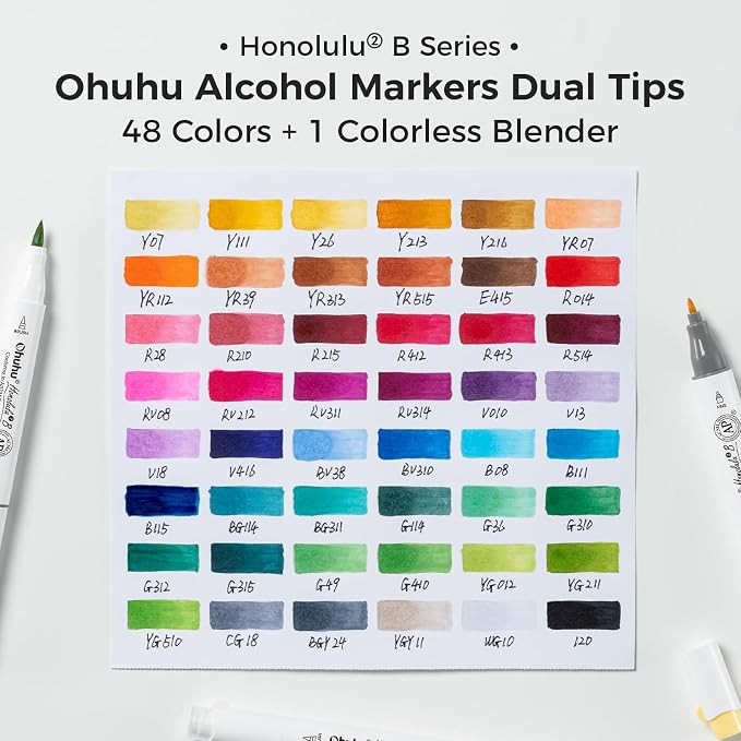 Ohuhu Alcohol Markers Brush& Fine 48 Colors for Adults Coloring Refillable | AP Certified Art Marker Set, Dual Tips Alcohol-based for Artists Beginners Drawing Illustration Sketching, Honolulu 2B