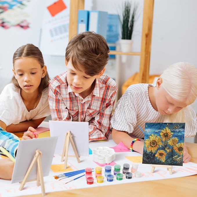 Qilery 12 Set Canvas Painting Kit, Mini Canvas with Wooden Easels Acrylic Paints Strips, Brushes, Palette, Art Set for Acrylic Oil Watercolor Adults Birthday Party Favors(6 x 6 Inch)