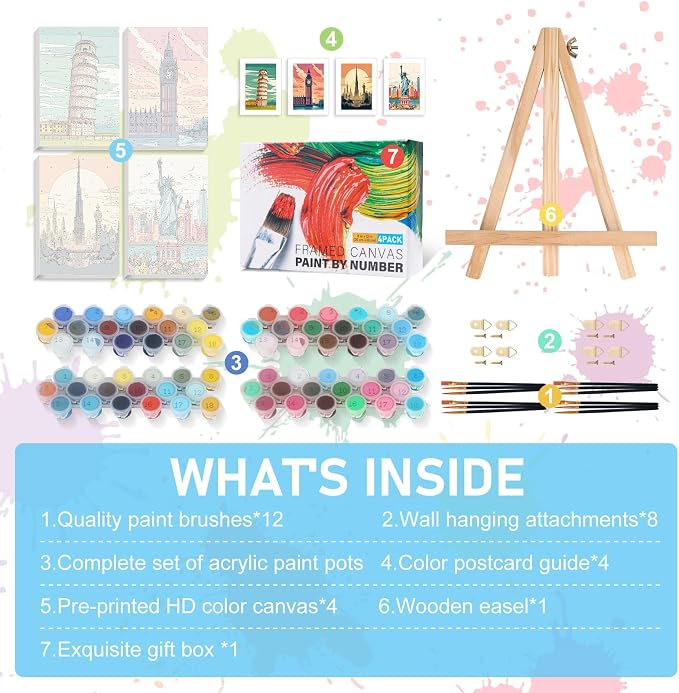4 Pack Framed Paint by Numbers Kit for Adults with Wooden Easel, 8x12 Inch | Travel Cityscape, Easy DIY Acrylic Canvas Craft Kit with Frame for Beginners, Home Decor, Stress Relief Relaxing Hobby Gift