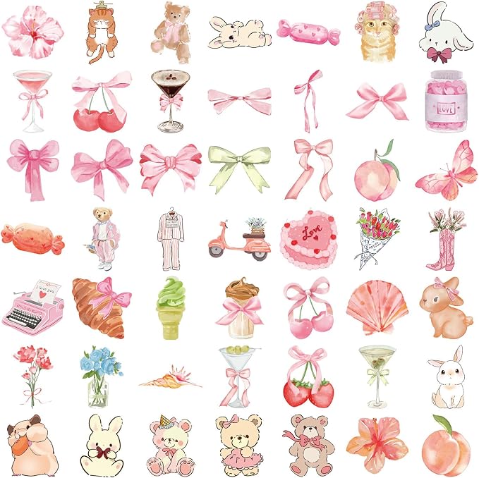 50pcs Coquette Pink Bows Stickers Vintage Aesthetic Stickers Pink Bear Living Graffiti Water Bottles Laptop Computer Phone Guitar