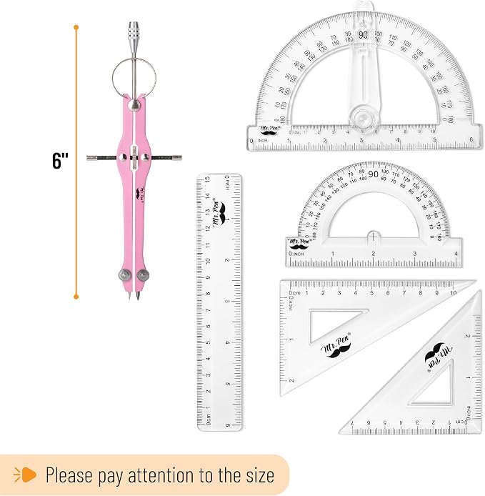 Mr. Pen- Geometry Set, 15 pcs, Pink, 6 Inch Swing Arm Protractor, Divider | Set Squares, Ruler, Compasses and Protractor