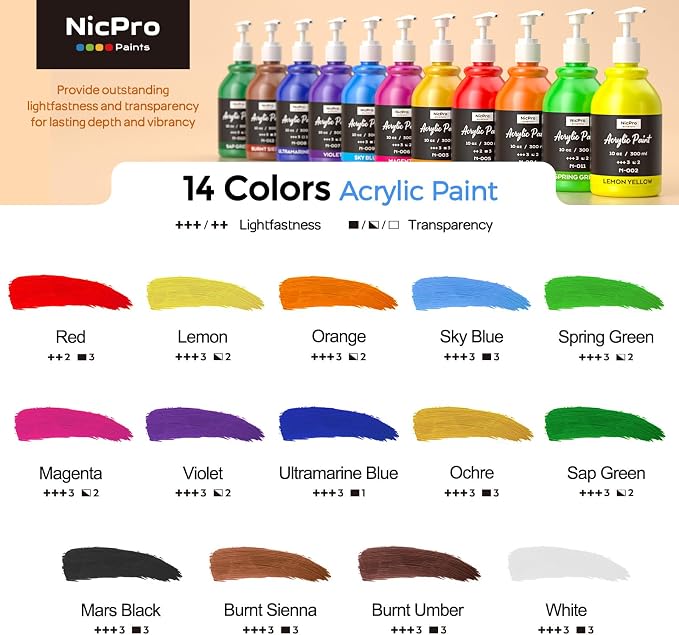 Nicpro Acrylic Paint Set for Adults, 14 Colors Large Bulk Acrylic Paints