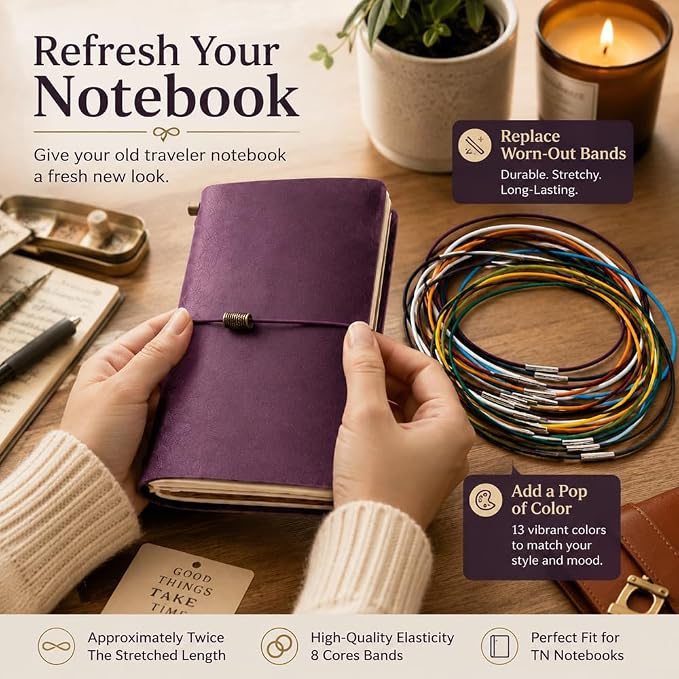 13 Pcs Colorful Elastic Bands for Traveler's Notebook, 13 Unique Colors Connecting Bands Replacement Accessories for Standard Size Journals