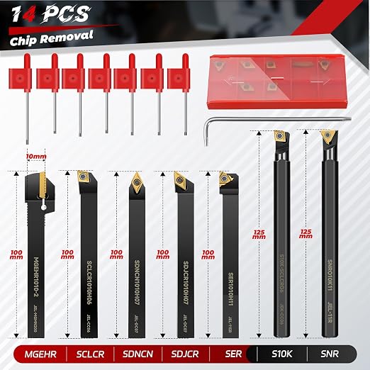 Indexable Lathe Turning Tool 21Pcs Kit 3/8'' 10mm Shank 7Pcs Metal Lathe Tools Holder Set with 14Pcs Turning Inserts for Turning Grooving Threading Boring Carbide Inserts Carbide Turning Tool