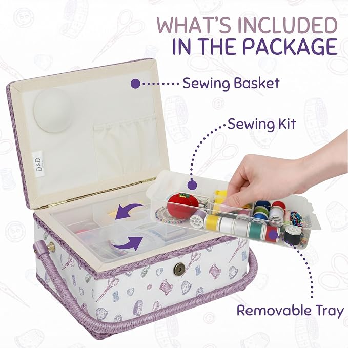 Large Wooden Sewing Basket with Accessories Sew Storage Organizer Box