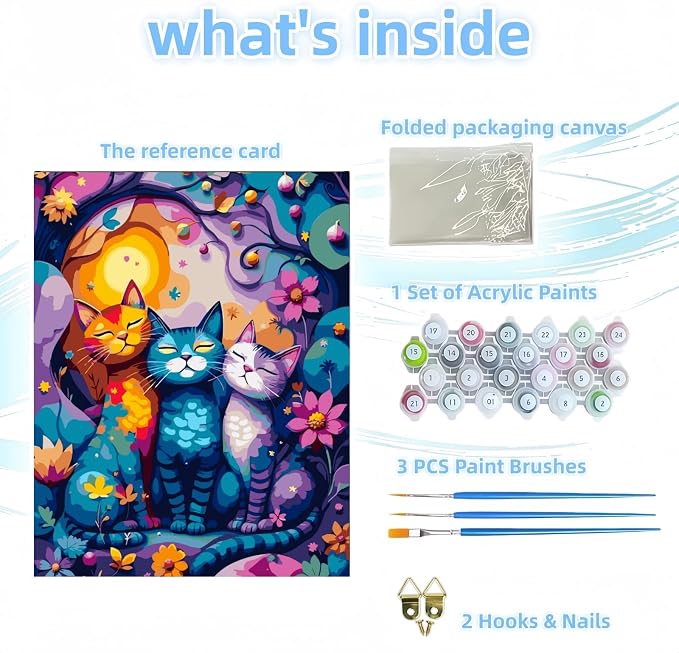 Paint by Numbers Kit for Adults, Colorful Cat Paint by Number for Adults | Acrylic Adults' Paint-by-Number Kits, DIY Easy Paint by Number Adult Canvas for Home Wall Art Decor, 16X20 inch