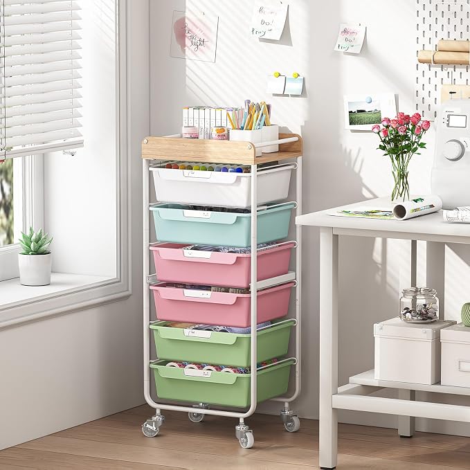 SYKIARIOL 6 Drawer Rolling Cart for Craft Storage,Utility Cart,Colourful | Organizer with Handle and Wooden Top,Storage on wheels for Office,Classroom,Laundry,Garage,Snack,Art Supply
