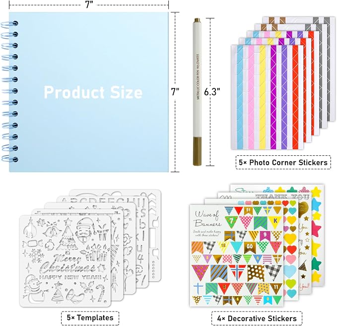 GOTIDEAL 7 x 7 Inch Scrapbook Album with Metallic Markers, Blue, 40 Pages | Kraft Paper Photo Albums for Wedding & Anniversary, Family DIY Scrap Books with Scrapbooking Stickers Corners