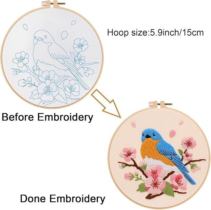 Louise Maelys Blue Bird Embroidery Kit for Beginners, DIY Floral Kit | Needlepoint Kit with Hoop, Printed Fabric, Threads, Needles and Instructions. Perfect for DIY Cross Stitch Kits craft at home