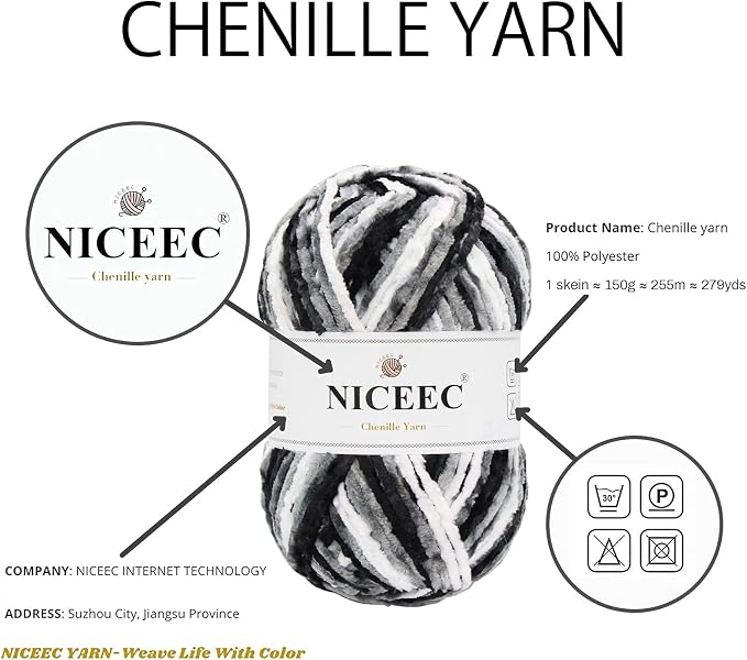 NICEEC 2 Skeins Soft Chenille Yarn 2x255m(2x279yds,3x150g)_Black White Gray
