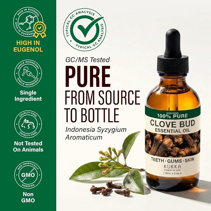 Kukka 100% Pure Clove Essential Oil for Skin, Diffuser, 4 Fl Oz | Eugenol-Rich, Steam Distilled, GC-MS Tested, Dropper - for Teeth, Gums, Hair, Skin Care, Diffuser, Aromatherapy