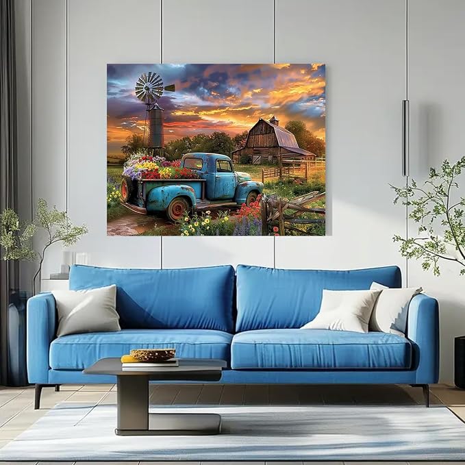 Farmhouse Truck Flower Paint by Numbers Kit for Adults Canvas,Frameworkless | Easy Adult Paint by Number Kits on Canvas DIY Truck Flower Painting for Beginners Art by Numbers for Home Wall Decor Gift