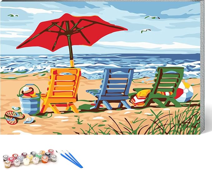 Ginkko Paint by Numbers Art Kit for Adults, 12x16 inch Beach Framed Canvas, Non-Toxic Acrylic Paints and Brushes, DIY Home Decor Gift