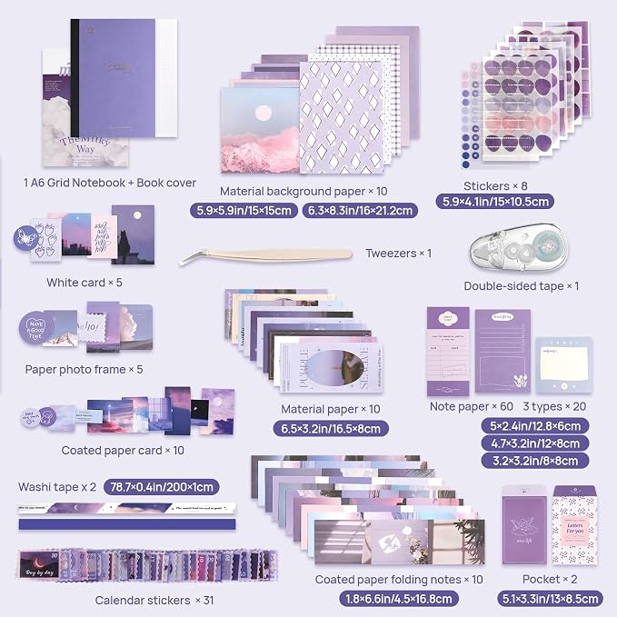 Scrapbook Photo Album Supplies Kit with Tweezers and Glue Tape – Romantic Stationery Aesthetic Junk Journal Kit, Scrapbooking Paper, Sticker Pack, Notebook, DIY Craft, Gift for Teen Women (Monnlight)
