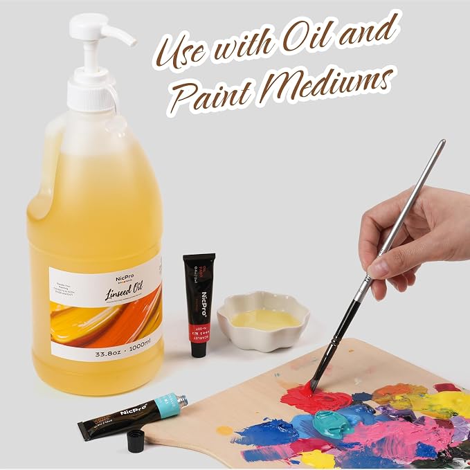 Nicpro Refined Linseed Oil for Painting, 33.8oz/1000ml with Pump | Painting Medium for Thinning Oil Paints & Glazing, Improves Flow, Transparency & Gloss, Linseed Oil for Wood Finish