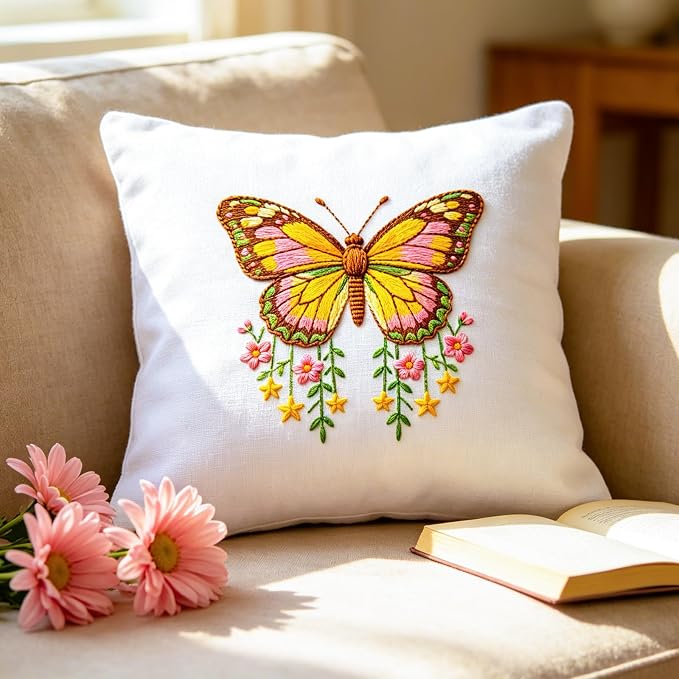 BEUNITONE 6 Set Embroidery Kit for Beginner Adults, Colorful Butterfly Floral DIY Cross Stitch Set with Stamped Pattern Hoops Threads Cloth Needles, Embroidery Starter Kit for Home Decor and Gifting