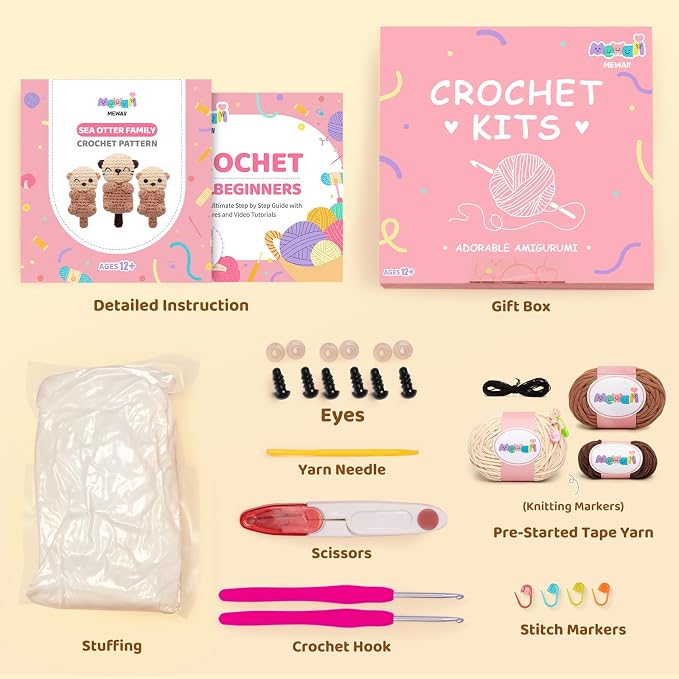 Mewaii Crochet Kit for Beginners, 3 Pack Sea Otter Craft Set | 40% Extra Yarn, Video Tutorial, Pre-Started Piece, Beginner Friendly, Family Craft Gift for Adults & Kids
