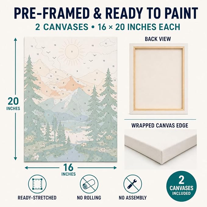 Craftensa 2 Pack Pre-Framed Paint by Numbers Kit for Adults & Beginners, 16x20 inches Landscape Canvases, DIY Acrylic Painting Set, Ready to Hang Wall Decor, Relaxing Creative Gift for Women & Men