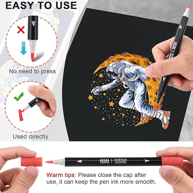 HUAL Dual Tip Acrylic Paint Pens, 24 Colors Fine & Brush Tip Markers for Professional Artists, DIY Crafts on Rock, Ceramic, Wood, Glass, Fabric & Canvas, Non-Toxic, Waterproof Art Supplies