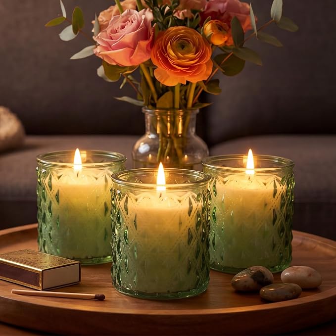 Acellegic 20 Pack Green Candle Jars for Making Candles 7 oz Empty Glass Jars with Bamboo Lids Cylindrical Candle Containers Bulk for DIY, Table Decor, Wedding Party