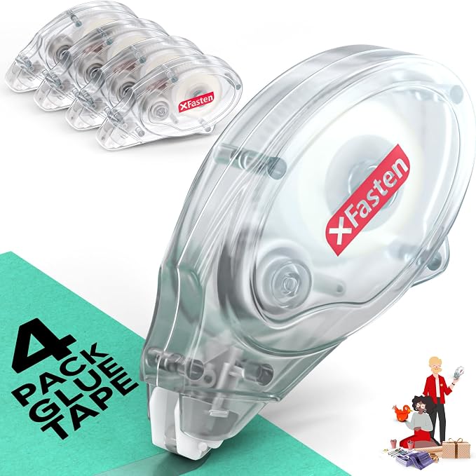 XFasten Glue Tape Roller Runner, Clear, Acid-Free, Zero-Jamming 0.3-inch x 360-inch (4-Pack, 1440-inches Total) Double Sided Gift Wrapping Tape for Scrapbooking, Journal, Photo, Card Making