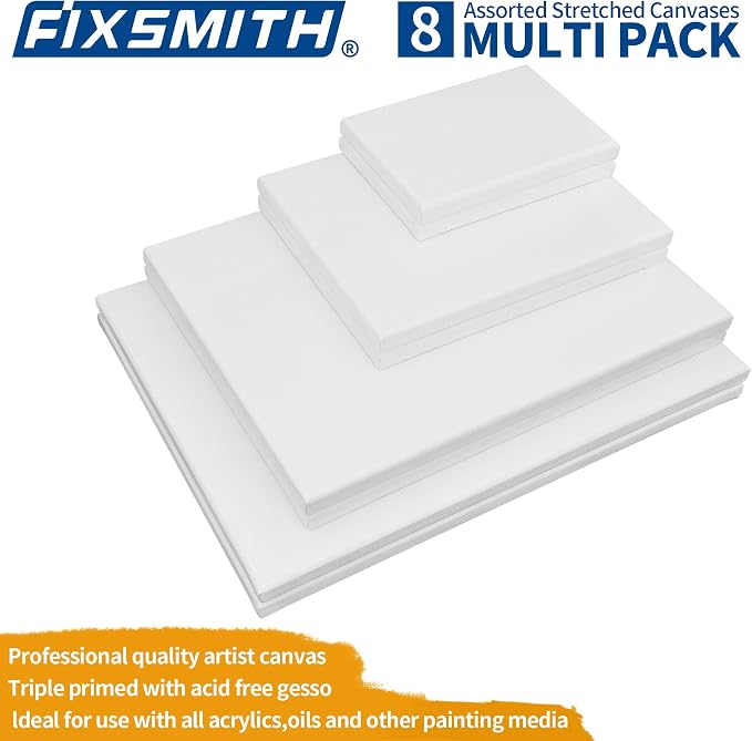 FIXSMITH Stretched Canvas, Multipack of 8, 5x7, 8x10, 11x14 & 12x16 Inches - 2 of Each, 100% Cotton, 8 oz Gesso-Primed, Art Supplies for Acrylic and Oil Painting.