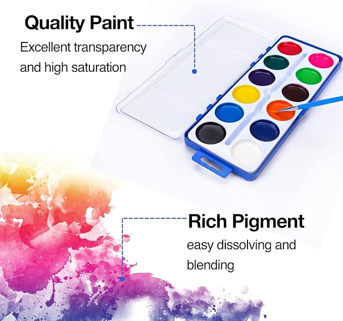 42 Pack Watercolor Paint Set Bulk for Kids, 12 Colors Washable Water Colors | Non-Toxic Water Paint with Paintbrush, Water Color Paint Set for Kids, Beginners, Ideal for Party Favor, Classroom