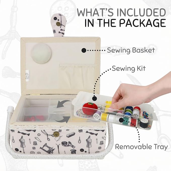 Large Sewing Basket with Complete Sewing Supplies, Black White