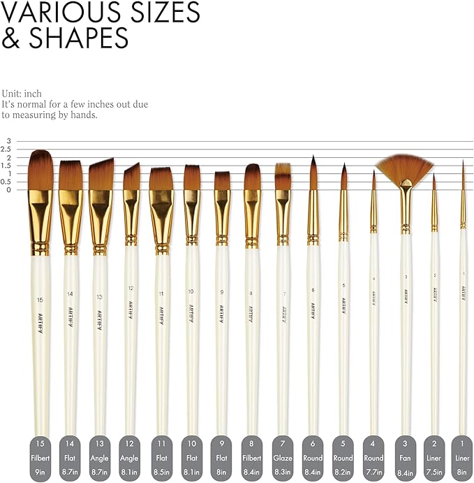 18 Piece Paint Brush Set, ARTIFY 15 Acrylic Paint Brushes, Palette Knife, and 2 Sponges, Professional Artist Paint Brushes for Acrylics, Watercolors, Gouache, Canvas, and Face Painting, Ivory White
