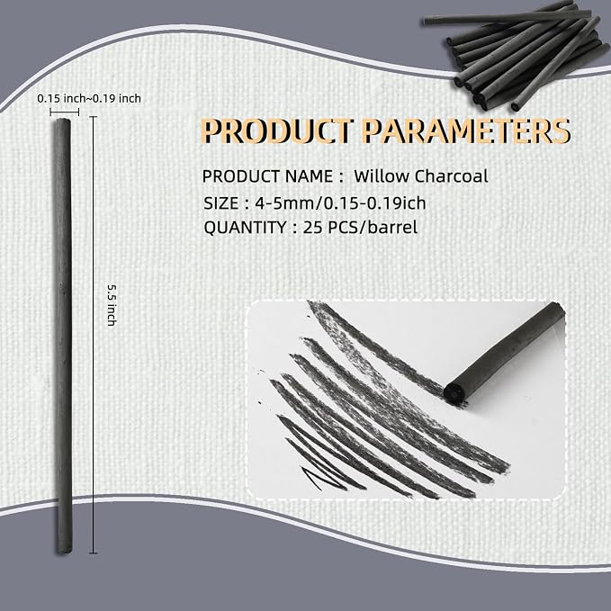 25 PCS Willow Charcoal Sticks, Ideal for Artists, Beginners, Students, Perfect for Sketching, Drawing, Shading, and Fine Art, 5.7 Inches Long, 2-4,4-5,5-7,7-9 (4-5)