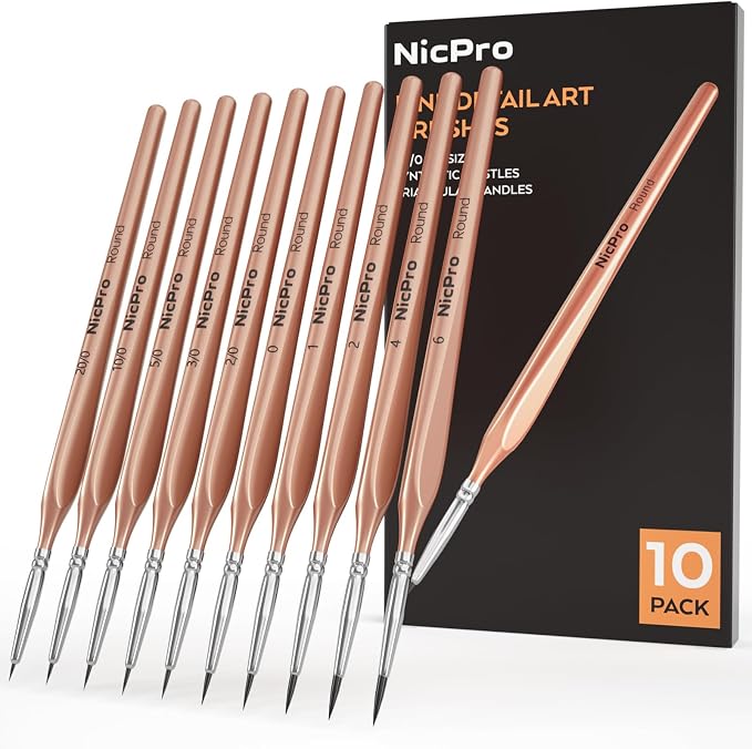 Nicpro Detail Paint Brushes, 10 PCS Fine Tip Miniature Paint Brush Set | 20/0-6 Round Micro Tiny Small Brushes for Acrylic Watercolor Oil Model Painting Rock Crafts Paint by Numbers Adult Art Kit