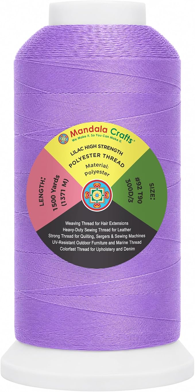 Mandala Crafts Lilac Tex 90 Polyester Heavy Duty Thread for Upholstery | 1500 Yds T90 UV Resistant Strong Thread for Leather Sewing, Marine, Drapery, Jeans, Hair Weaving & Extension, Outdoor