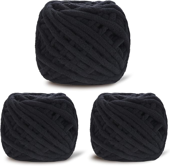 3 Pack Plush Chenille Chunky Yarn for Crocheting 100g(54.6yd) - Bulky Thick Fluffy Yarn for Knitting- Soft Velvet for Baby, Blanket Knitting Blanket Yarns- Amigurumi Yarns (3-Black)