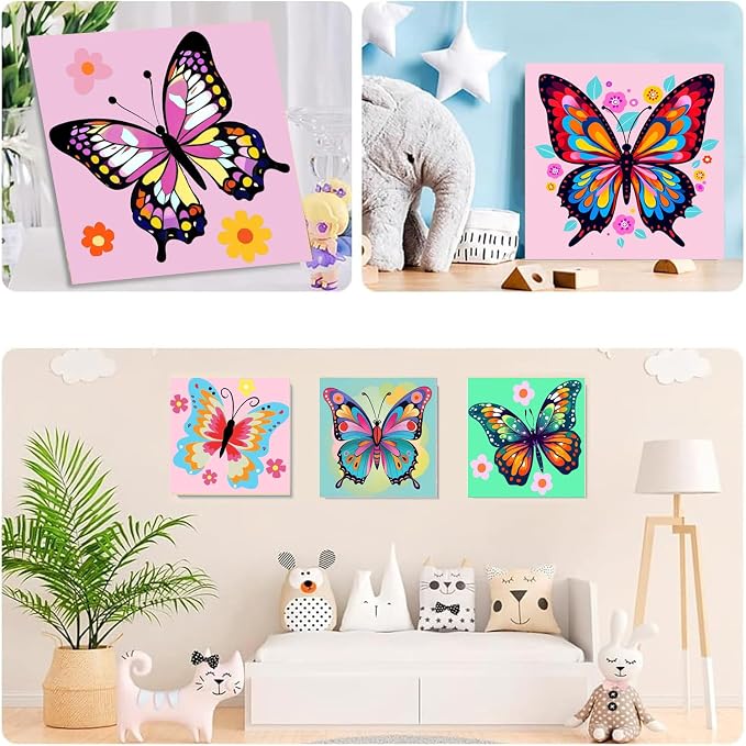 MXCFZX 6 Pack Butterfly Paint by Number for Kids with Wooden Frame,Easy Paint by Numbers for Kids Ages 4-8-12 Children DIY Acrylic Oil Painting by Number Kits for Home Wall Decor 8x8 Inch