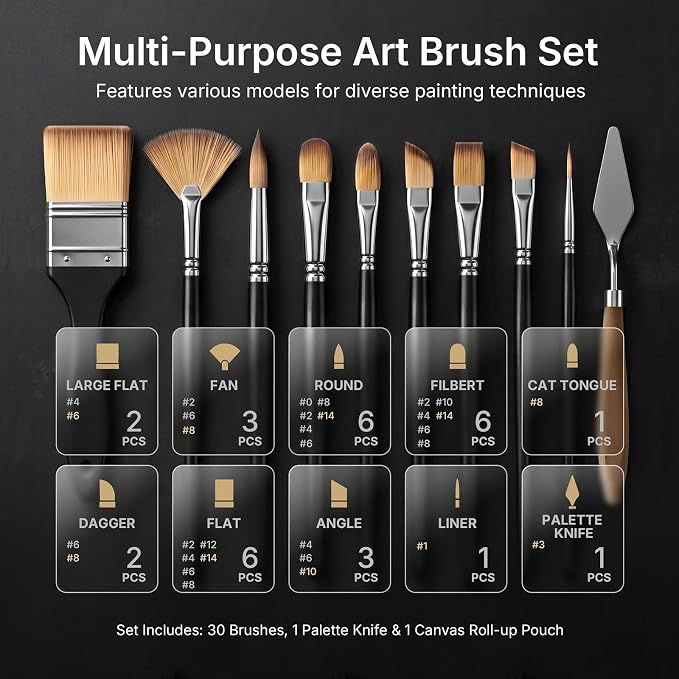 Nicpro 30pcs Paint Brush Set, Professional Paintbrushes with Paint Spatula and Cloth Roll, Craft Paint Brushes for Acrylic Painting, Oil, Watercolor, Gouache, Art Supplies for Artists and Beginners
