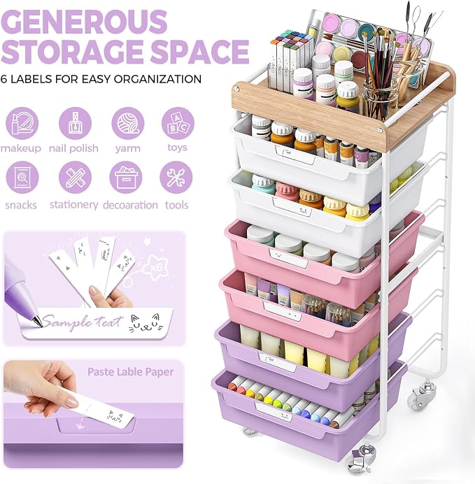 SYKIARIOL Utility Cart with 6 Labeling Drawers and Wooden Tabletop | Rolling Storage Cart for Crafters, Artists, Kids, Teachers, and Students – Organize Arts, Crafts, Sewing & Study Supplies