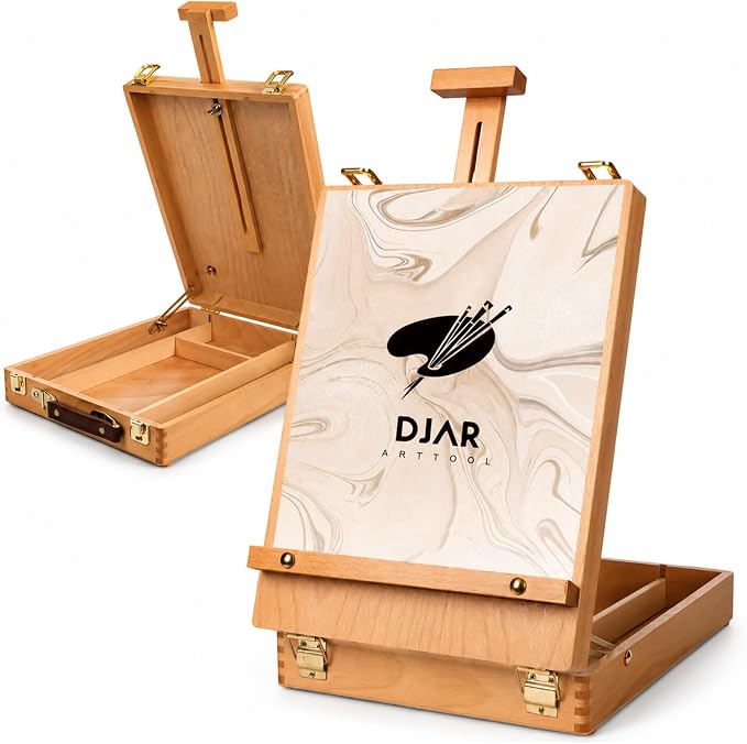 DJAR Tabletop Sketchbox Art Easel for Painting, Solid Beech Wood, Natural | Adjustable Desktop Art Stand with Storage Drawer, Portable Wooden Tool Box for Sketching, Drawing and Painting Supplies ﻿