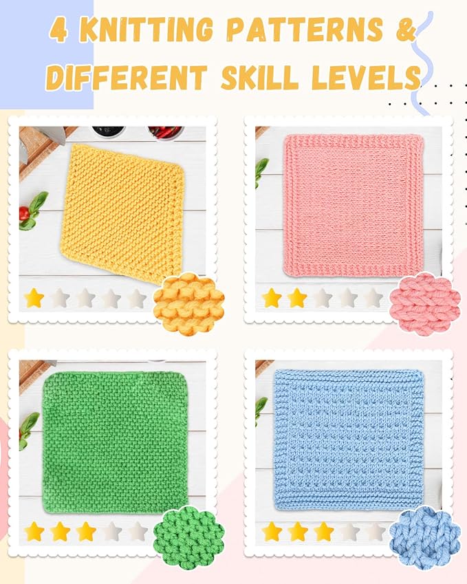 Aeelike Knitting Kit for Beginner Adult, Easy Dishcloth Knit Set, Color C | Knitting Set with Knitting Needles Milk Colorful Cotton Yarn Step-by-Step Instructions, Learn Basic Knitting, Ideal Gift