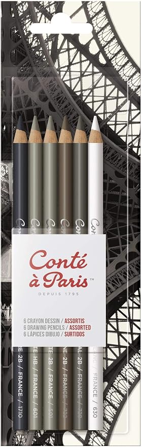 Conté à Paris 6 Count Drawing Pencils Set | Multiple Hardness Grades, Smooth Mark Making, Ideal For Sketching Shading And Detail Work, Artist Drawing Essentials