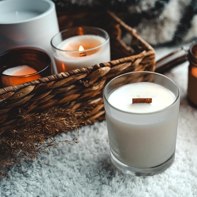 SHOWIN 14 OZ Thick Candle Jars for Making Candles 12 Pcs, 3 Wick Empty Jars with Wood Lids for Candle Making, Sample Container,Clear Grey