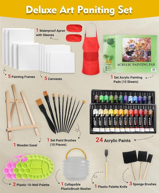 Colorful Acrylic Painting Kit, 64 Piece Set with Walnut Easel, 24 Colors | Smooth blending, versatile art supplies for canvas painting, crafts, home project &creative gifts for beginners &artists