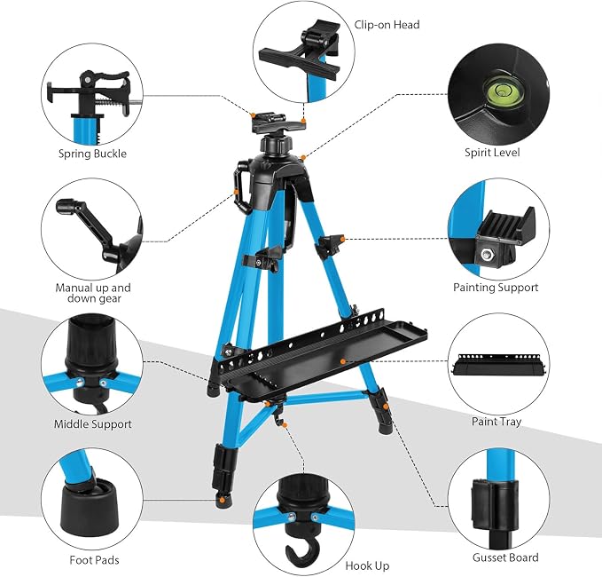 Easel for Painting, Portable & Foldable Easels Stand, Height-Adjustable 22'' to 62'', Equipped with Tray, Water Bucket Hook, Spirit Level, Compass & Carrying Bag for Art Display,Travel - Blue