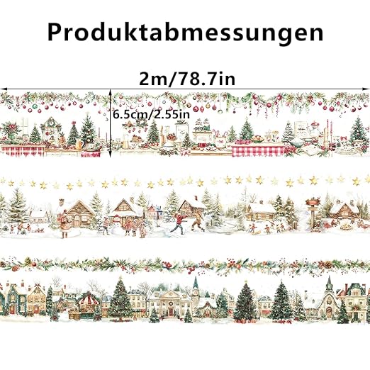 3 Rolls Christmas Washi Tape Set, 65mm x 2m PET Scrapbook Tape Christmas Stickers for Scrapbooking Supplies Winter Xmas Landscape Washi Tape Scrapbook Stickers for Journaling Washitape Masking Tapes