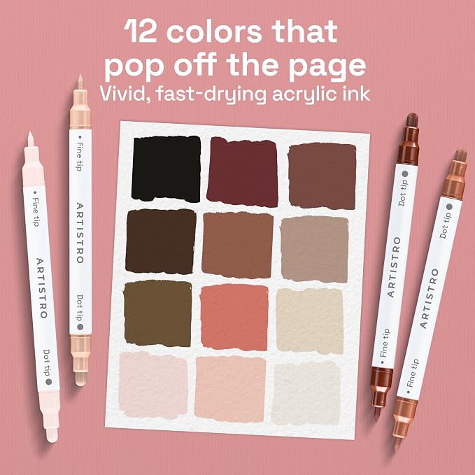 ARTISTRO Skin Tones Dual-Tip Acrylic Paint Marker Pens - Set of 12 | For Fabric, Rock, Glass, Wood, & Coloring Books, Arts & Crafts Gift, Classroom Must Haves & School Supplies (Dot & Fine Tips)