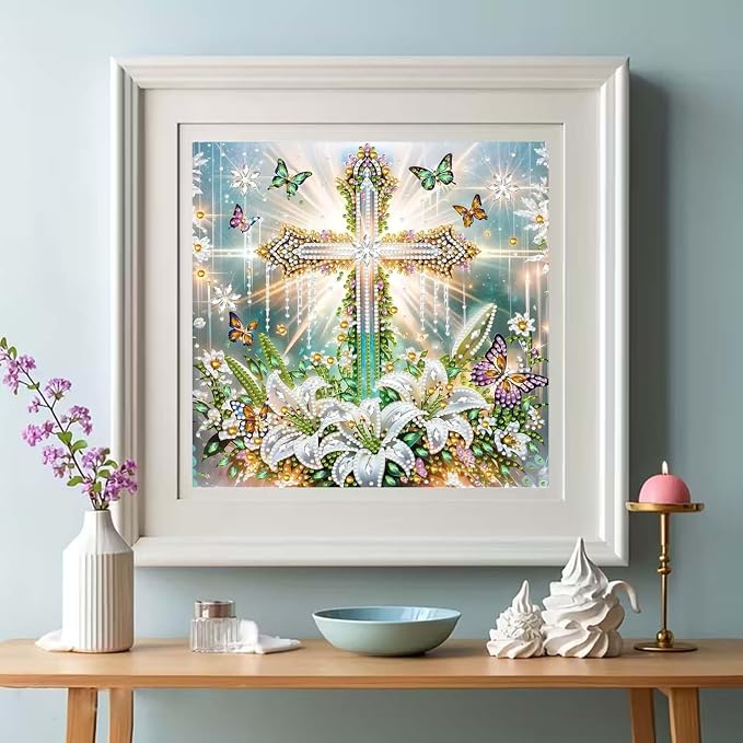 GEMOUJ Cross Flower Diamond Painting Kits for Adults,5D Cross Jesus Diamond Art Kits for Adults Beginners,DIY Special Shaped Diamonds Dot Art Paintings for Home Wall Decor 12 X 12 inch