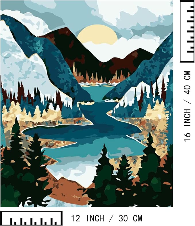 BAISITE Paint by Numbers Kit for Adults Beginners,12" Wx16 L 2 Pack Canvas for Painting Kits for Adults in Colorful Box-Sunset Lake Mountains 1112-DIY Frame