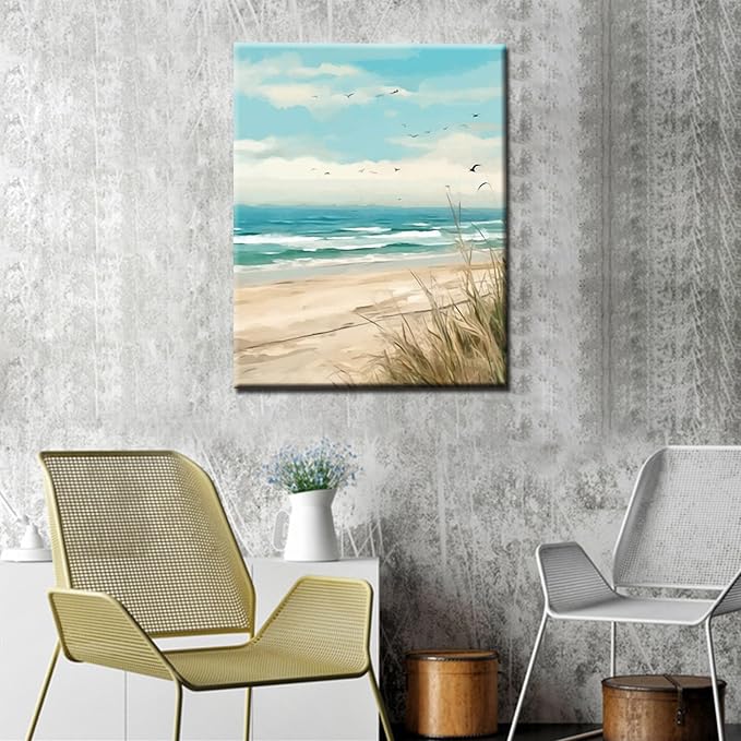 Seaside Beach Paint by Numbers Kits 16x20 inch Canvas DIY Oil Painting for Kids, Students, Adults Beginner with Brushes and Acrylic Pigment Beach Scenery Landscape Decor Photo Gift(without Frame)